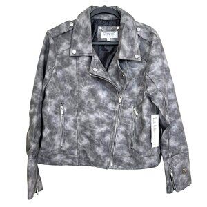 Nicole Miller Faux Leather Bomber Jacket Gray Marbled Moto Sz 1X NWT